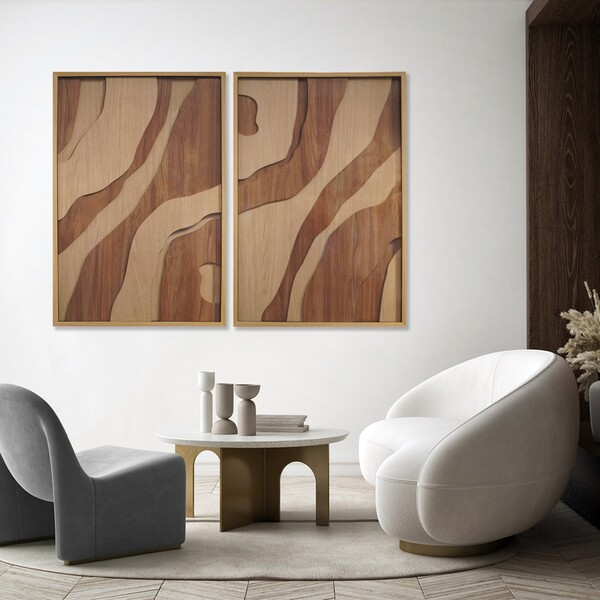 Canto com duas poltronas e mesa de centro, ao fundo, dois quadros na tonalidade marrom.