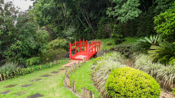 Ponte vermelha com árvores e grama ao redor.