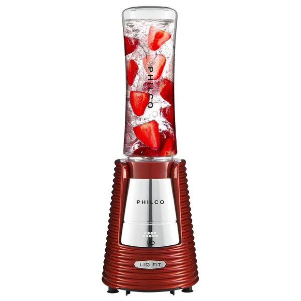 Liquidificador Fit Retrô Philco Blender Vermelho com água e morando em fundo branco.