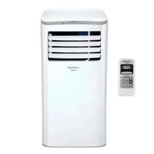 Ar Condicionado Portátil Midea branco e seu controle, em fundo branco.