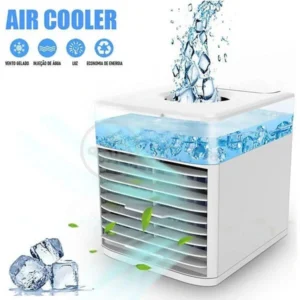 Ar Condicionado Portátil Air Cooler Umidificador Climatizador branco em fundo branco.