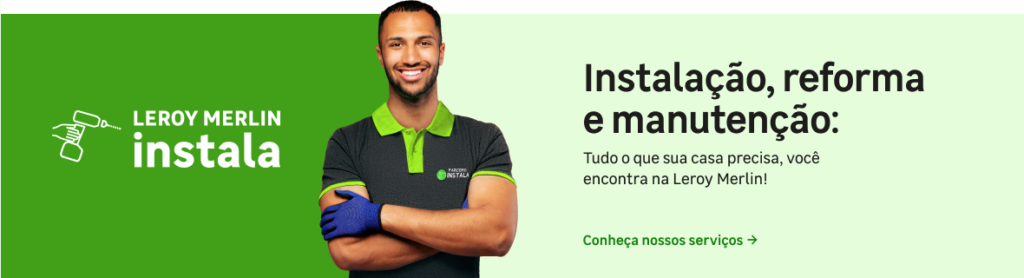 Banner do Leroy Merlin Instala sobre instalação, reforma e manutenção, com homem sorrindo ao centro.