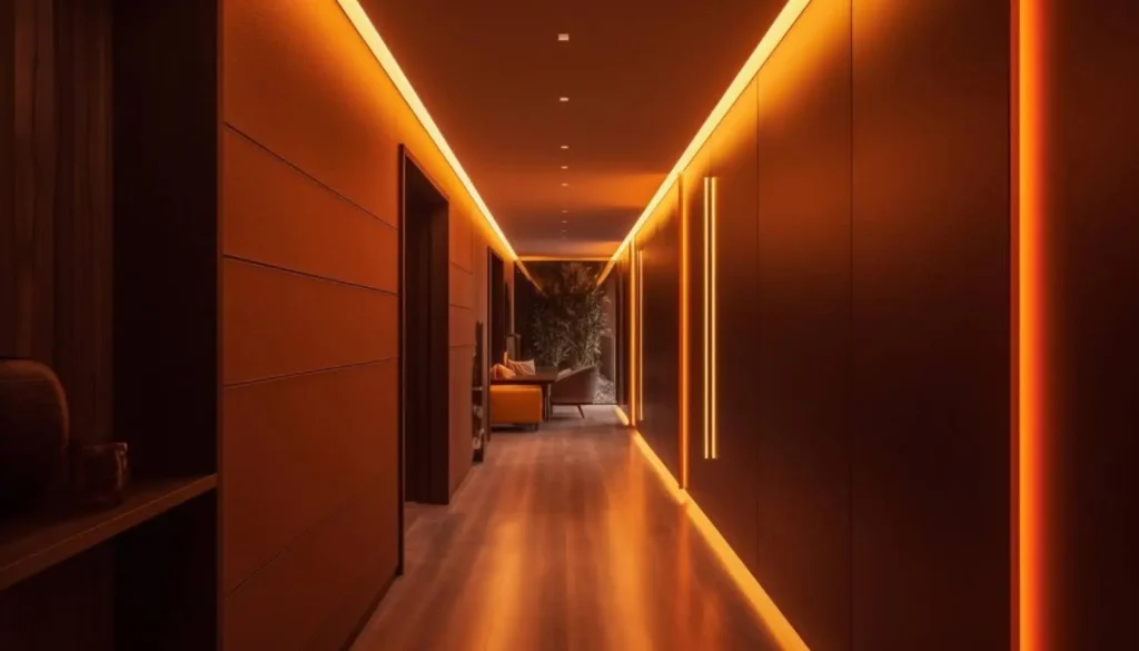 Corredor com iluminação LED amarela no teto, chão e paredes