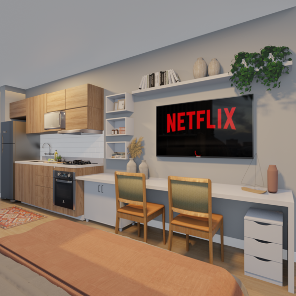 Projeto de studio com parede clara, mesa encostada na parede com duas paredes, uma televisão acima dela e nichos brancos e prateleira ao seu redor.