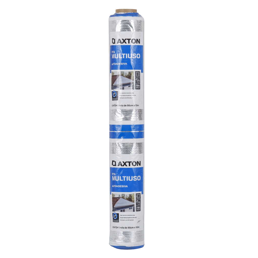 Embalagem cilíndrica cinza e azul de uma fita asfáltica da marca Axton.