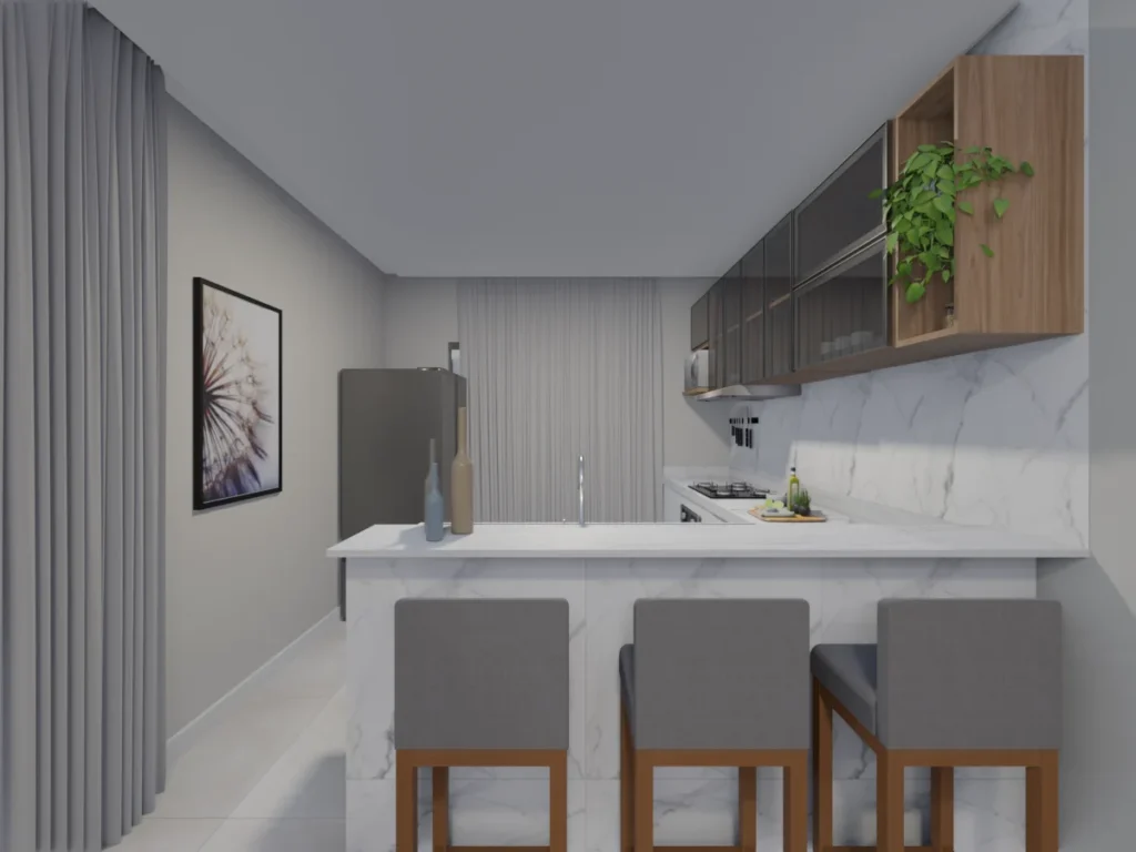 Projeto em 3D da bancada e cadeiras de uma cozinha de cores claras.