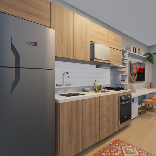 Projeto de cozinha com revestimento branco, armários de parede e de chão na cor marrom com eletrodomésticos prata embutidos.