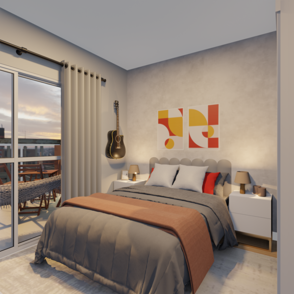 Projeto de quarto com uma parede em cimento queimado e outra laranja, cama com edredom cinza e móveis de cabeceira e armário brancos.