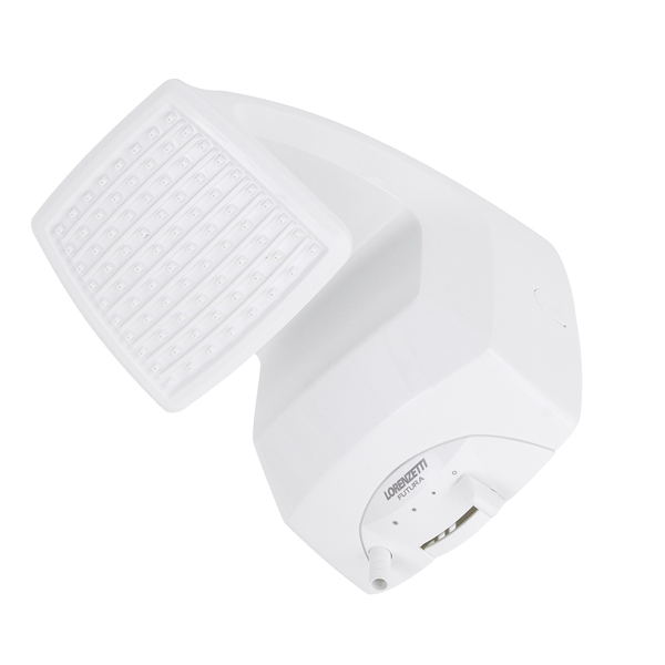 Chuveiro Elétrico Multitemperatura Lorenzetti em formato quadrado e cor branca em fundo branco.