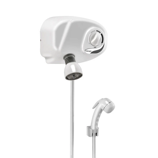 Chuveiro com pressurizador prateado com visor digital.