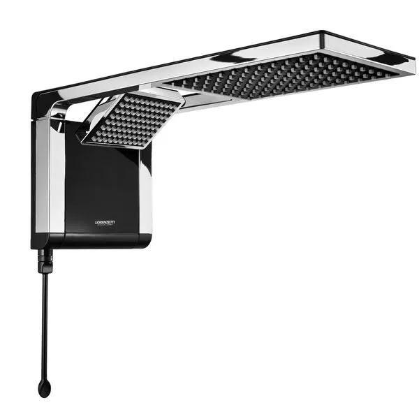 Chuveiro Eletrônico Lorenzetti Acqua Duo preto com cromado em fundo branco.
