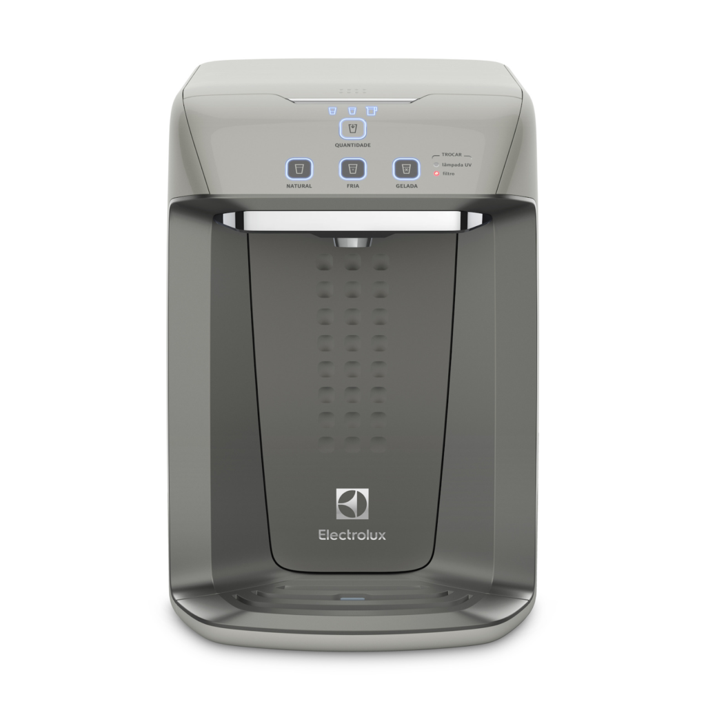 Purificador de água cinza com elementos azuis da Electrolux.