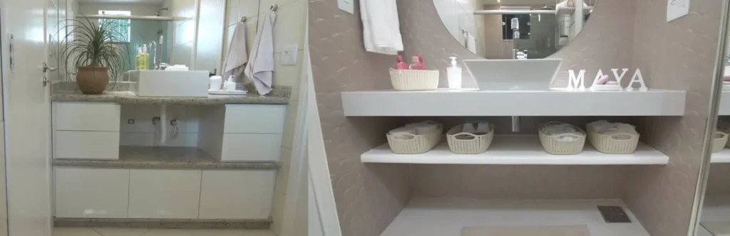 Antes e depois da bancada com pia de um banheiro para criança.