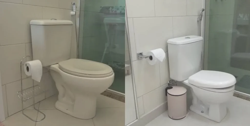 Ao lado esquerdo, um vaso sanitário para adultos, e, ao direito, um vaso sanitário infantil.